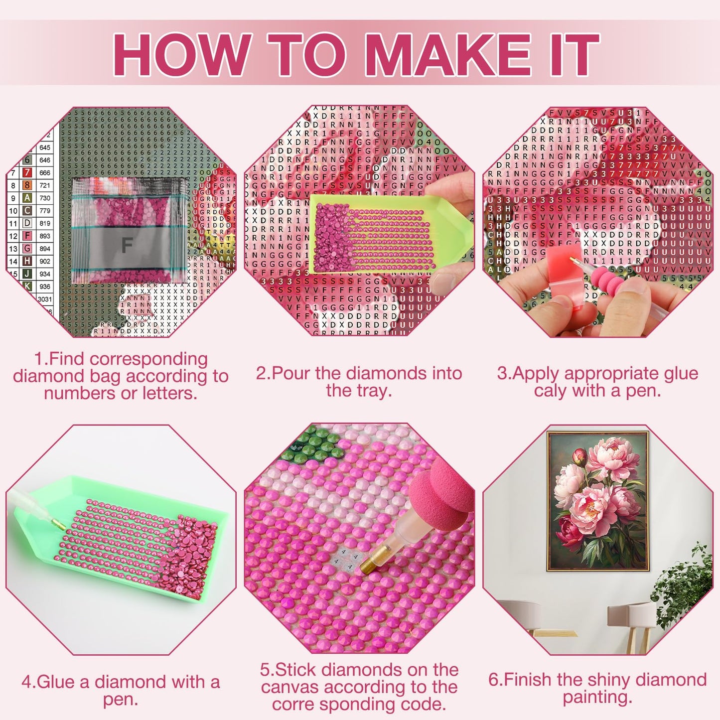 MEIYUDA Flowers Diamond Painting Kits for Adults, 5D Peony Diamond Art Kits for Adult Beginners, Flowers DIY Full Diamond Art Painting Kit for Home Wall Decor Gift 12x16inch