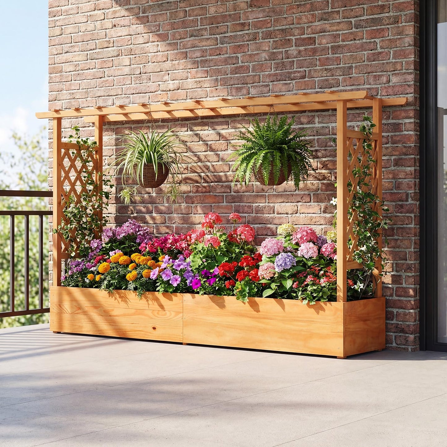 Giantex 2 Pcs Raised Garden Bed with Trellis & Hanging Roof, Wood Planter Box with Bottom & Drainage Holes, Freestanding Garden Planter for Flower Fruit Vegetable Herb Climbing Vine (77"x14.5"x45")
