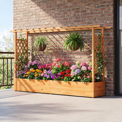 Giantex 2 Pcs Raised Garden Bed with Trellis & Hanging Roof, Wood Planter Box with Bottom & Drainage Holes, Freestanding Garden Planter for Flower Fruit Vegetable Herb Climbing Vine (77"x14.5"x45")