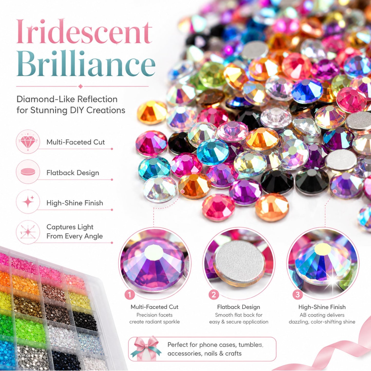 Vexorith Anti-Spill Rhinestone Bedazzling Kit, 35000pcs 28-Color High-Shine AB Coating Flatback Resin Rhinestones with B7000 Glue and Tools, Organizer Case for DIY Phone Cases, Clothes, Sneakers