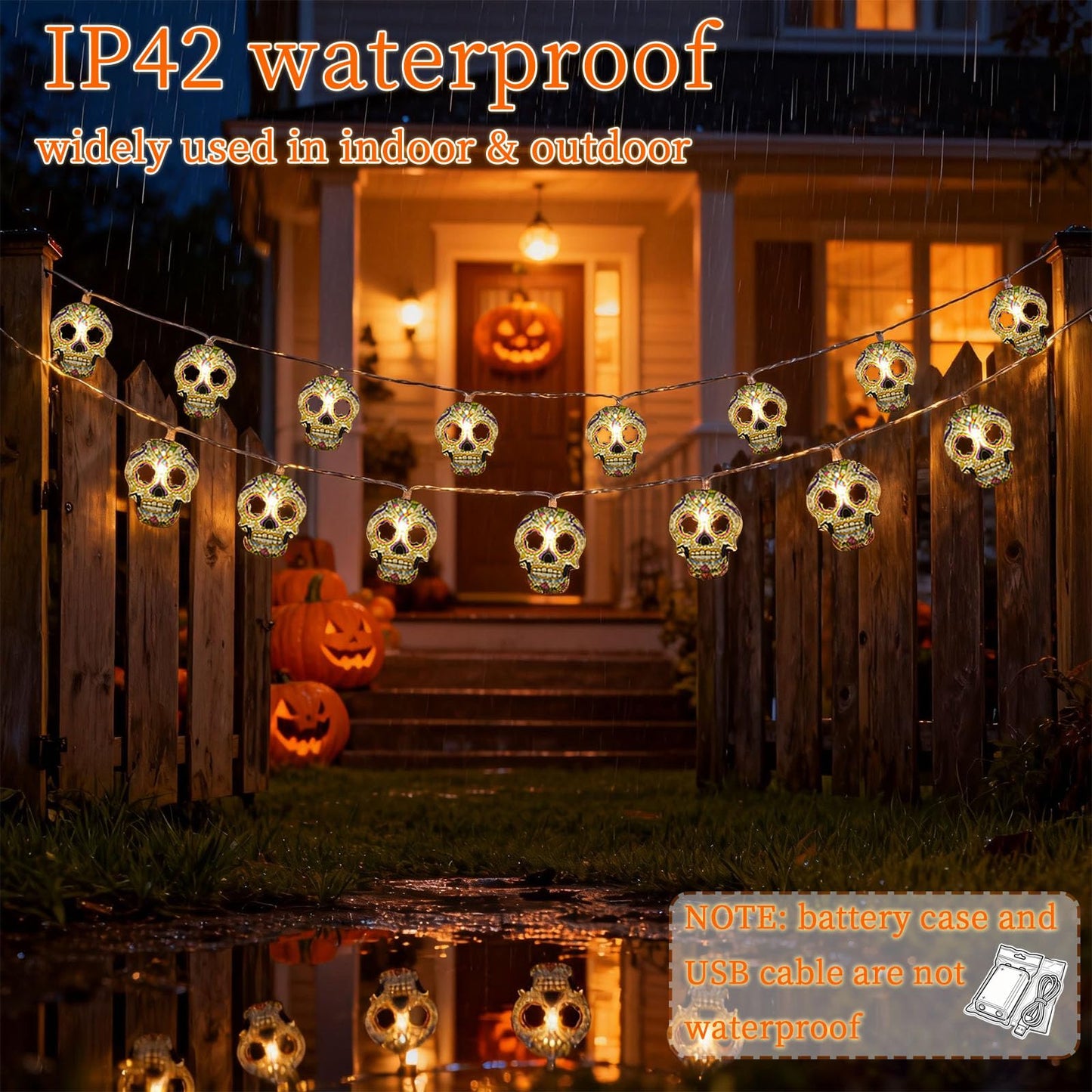 Skull String Lights, 15FT Halloween Lights 30 LED Skull Lights Warm White Halloween & Day of the Dead String Lights with Battery & USB Powered 2 Lighting Modes IP42 Waterproof for Indoor Outdoor Decor