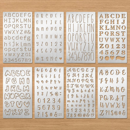 Eageus 8 Pcs Metal Letter Stencils Wood Burning Stencil Lettering Stencils, Small Reusable Alphabet Painting Template for Carving Drawing Engraving Journal Pyrography Craft(Letter Style)