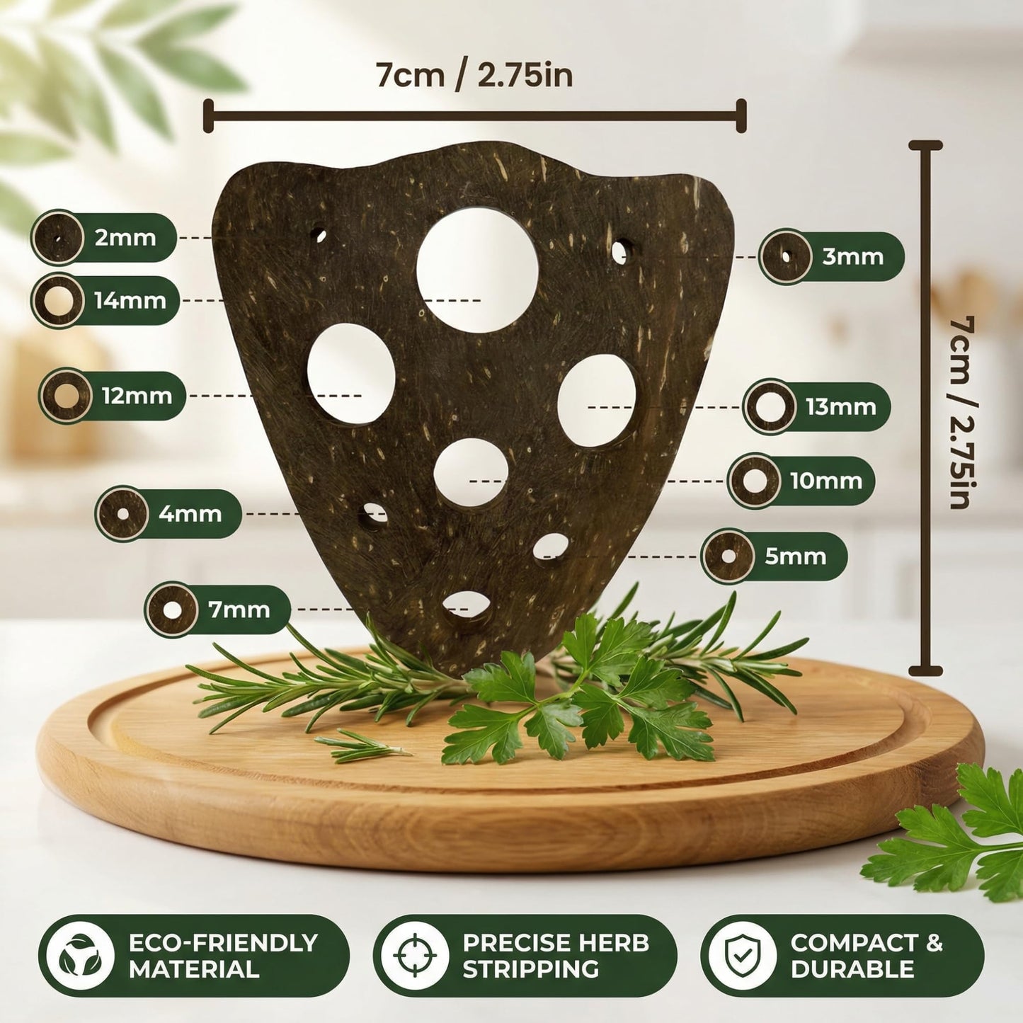 All-Natural Herb Stripper Tool for Fresh Herbs | 9-Hole Kale, Rosemary and Thyme Peeler | Eco-Friendly Kitchen Gadget | Metal & Plastic Free Herb Stripping Tool for Cilantro, Basil, Chard & More