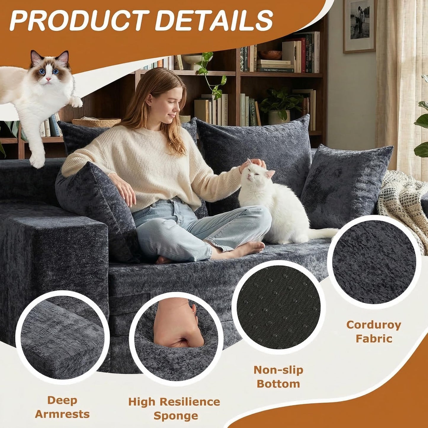 Loveseat Sofa Bed, Convertible Silky Velvet 5-in-1 Foldable Boneless Sleeper Couch, Pull Out Floor Futon Sofa with 4 Pillows, No Assembly Multi-Functional Sofa for Living Room Bedroom Small Apartment