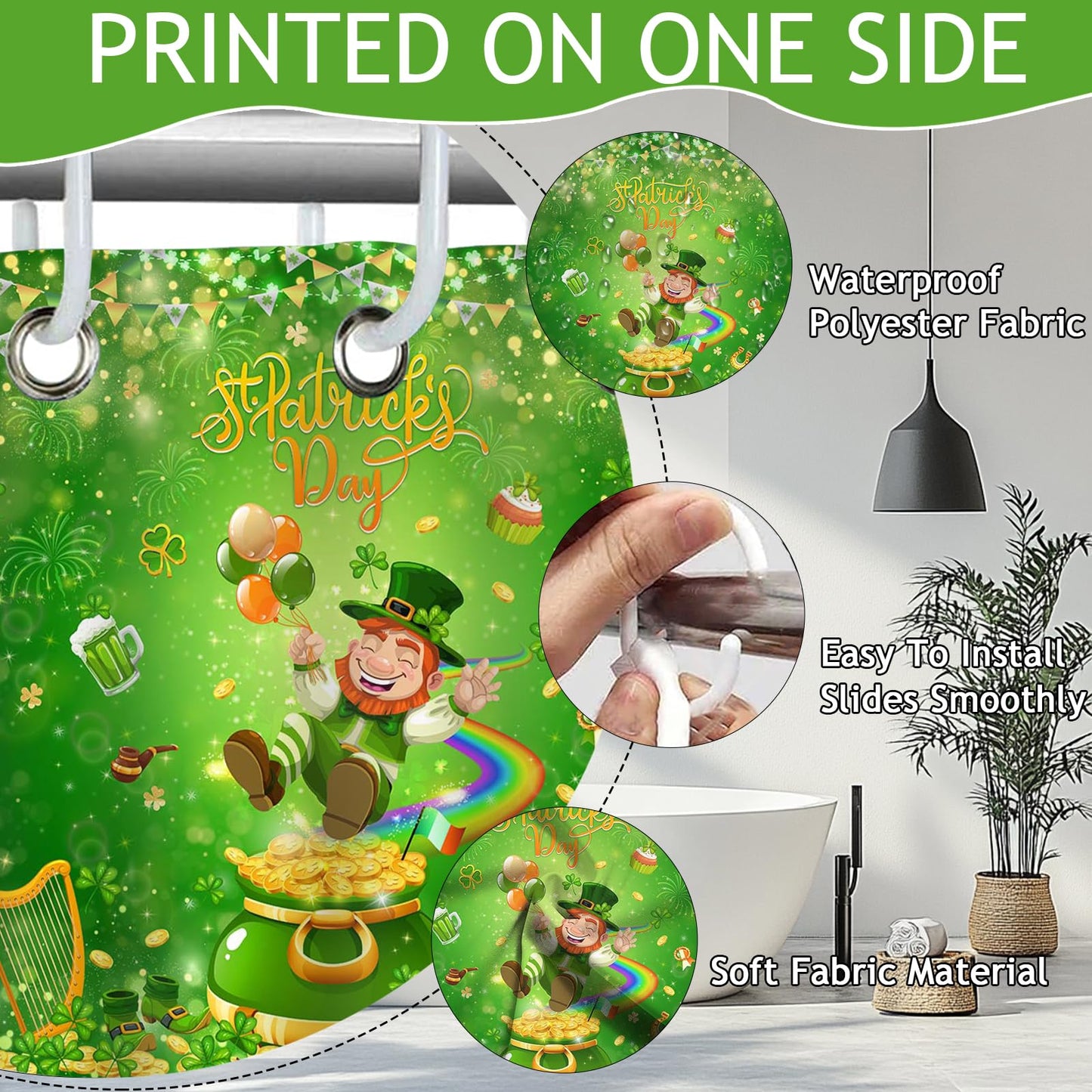 Mocsicka Happy St Patricks Day Shower Curtain for Bathroom, Green Clover Gnomes Bath Curtain Irish Lucky Leaf Spring Shower Curtain with 12 Hooks, 72 X 72 Inch Waterproof (Green, 72''x 72'')
