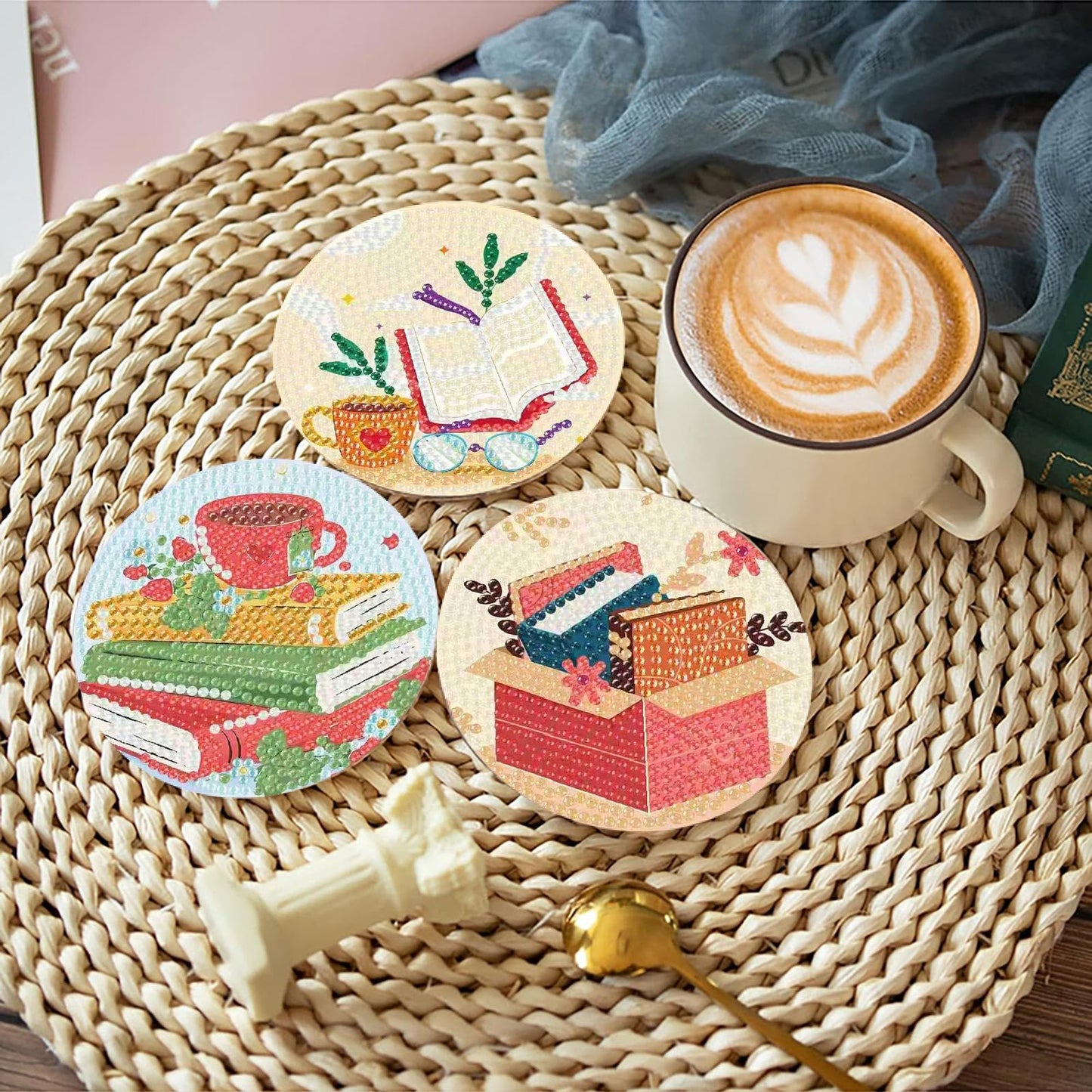 8 Pcs Book Diamond Art Coasters Kit - DIY 5D Diamond Painting Coasters with Holder, Mini Diamonds Arts Kits for Adults Coaster with Cork Pads, Gem Arts Dots Painting Crafts Supplies for Home Decor