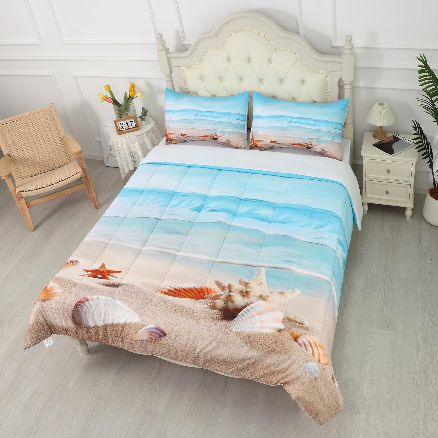 FUYEUN Beach Comforter Set Twin, Coastal Nature Theme Pattern Bedding for Kids Boys Girls Bedroom, Ocean Hawaiian Starfish Quilt Sets, 1 Comforter, 1 Pillowcase, Blue Home Decor