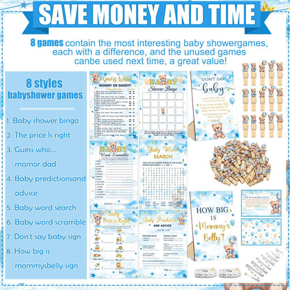Funnymoom 426 Pcs Blue Theme Bear Baby Shower Decorations Games Set-8 Games Includes Bearly Wait Baby Shower Decorations Bingo Prediction and Advice How Big is Mommy's Belly Don't Say The Words
