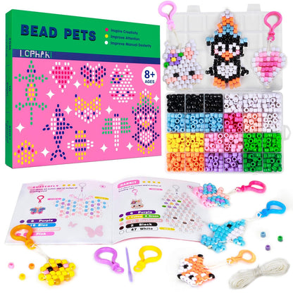 LORHAKI Bead Pets Kit, Art Craft Gift for Kids, Bead Animals Keychain, Art Craft Set for Beginners with Instructions, Pony Beads for Keychain Making Kit, DIY Jewelry Making Kit for Girls