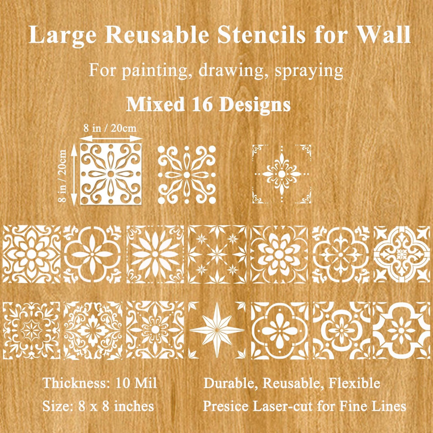 16PCS Floor Tile Stencils Set - 8 x 8 Inch Reusable Mexican Talavera & Spanish & Mandala Stencils for Painting on Floors, Tile, Concrete Patio, Wall, Furniture, Vase, Porch