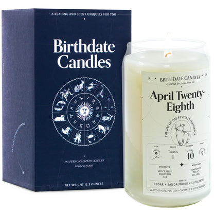 Birthdate Candles, April 28 - Taurus Zodiac Scented Candles Birthday Gift - Cedar, Sandalwood & Eucalyptus Scent - All-Natural Soy & Coconut Wax, 60-80 Hour Burn Time - Made in USA