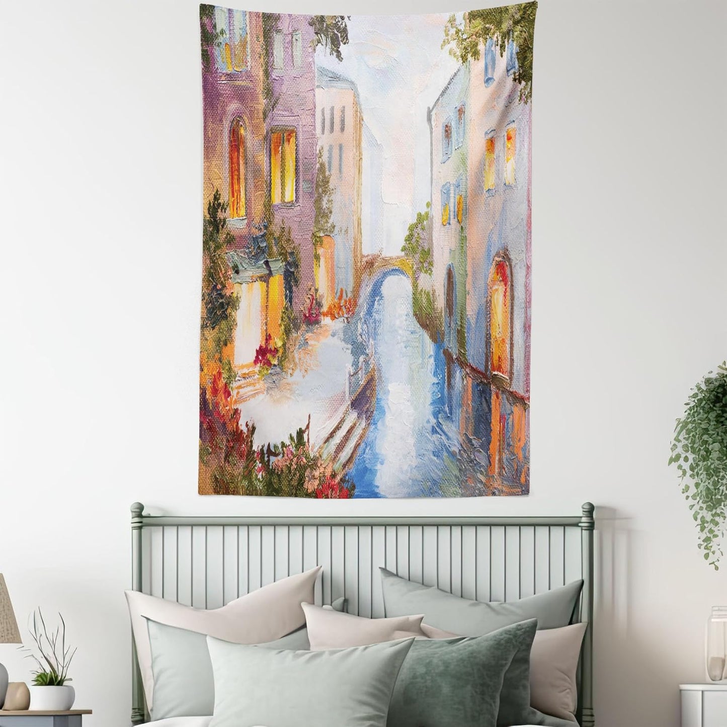 Ambesonne Venice Tapestry - Historical City Vintage Houses Water Canal Venice Italy Oil Painting, 40" X 60", Orange