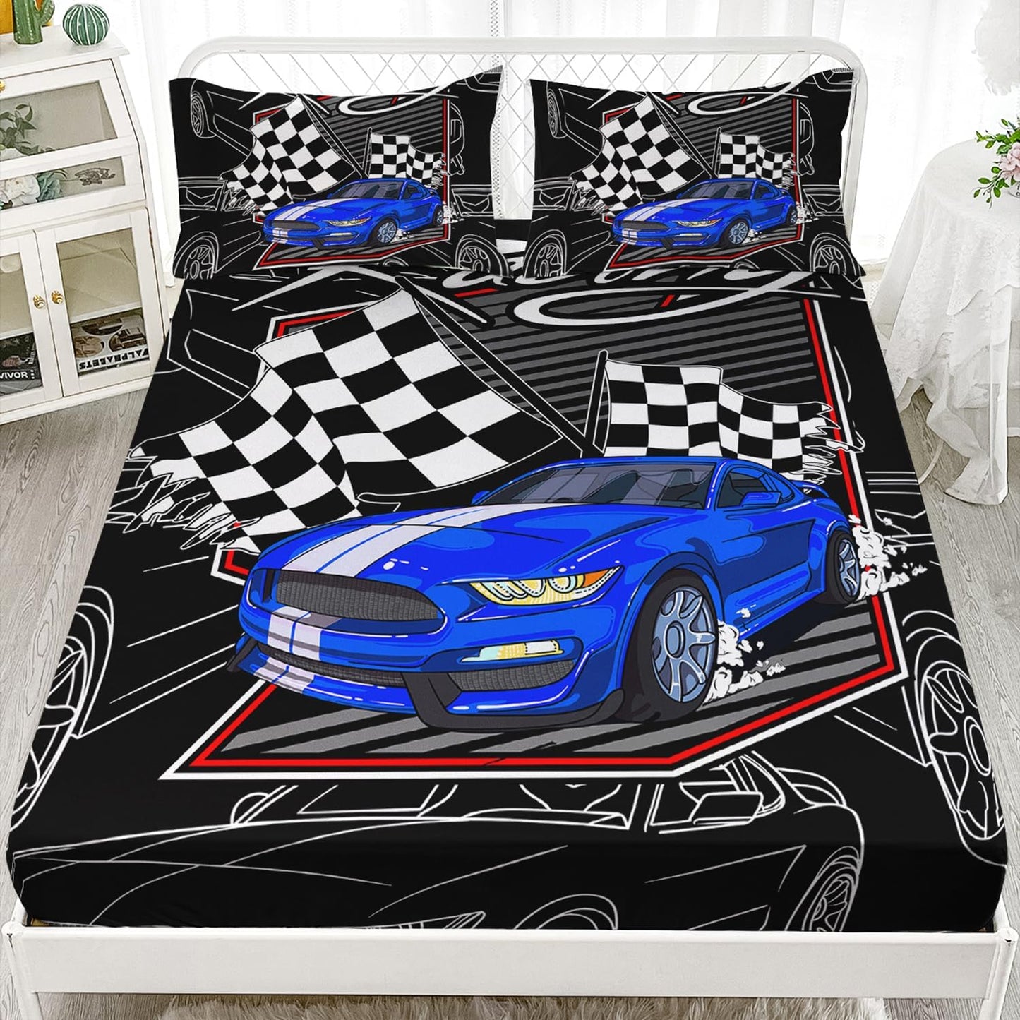 Set 3PCS,1 2 AILONEN Blue Racing Car Fitted Sheet Twin Size, Speed Sports Car Bed Sheet for Kids Boys Teens,Extreme
