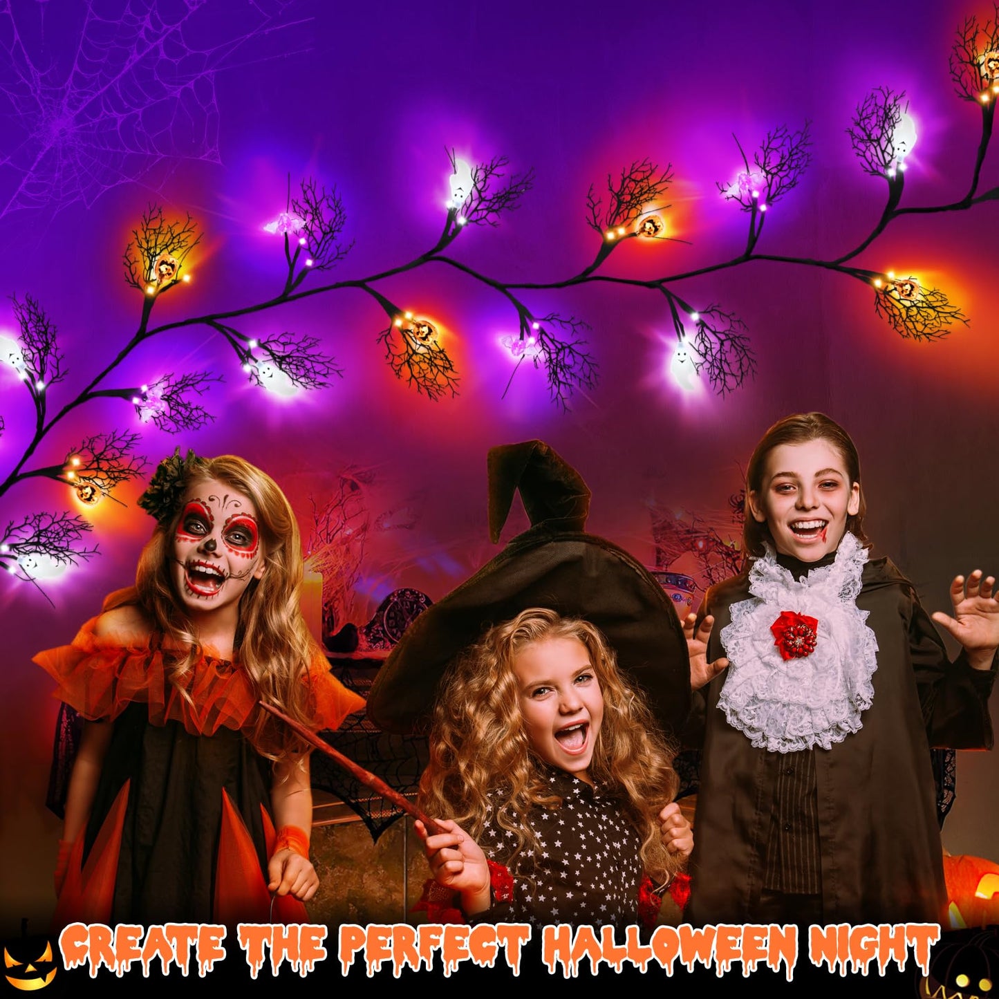 6 FT 54 LED Halloween Lights, 8 Modes & Timer Battery Operated Halloween Pumpkins Bats Ghosts Lights with Willow Vine Twig, 3D Waterproof Decorations Lights for Indoor Wall Party Fireplace Mantle