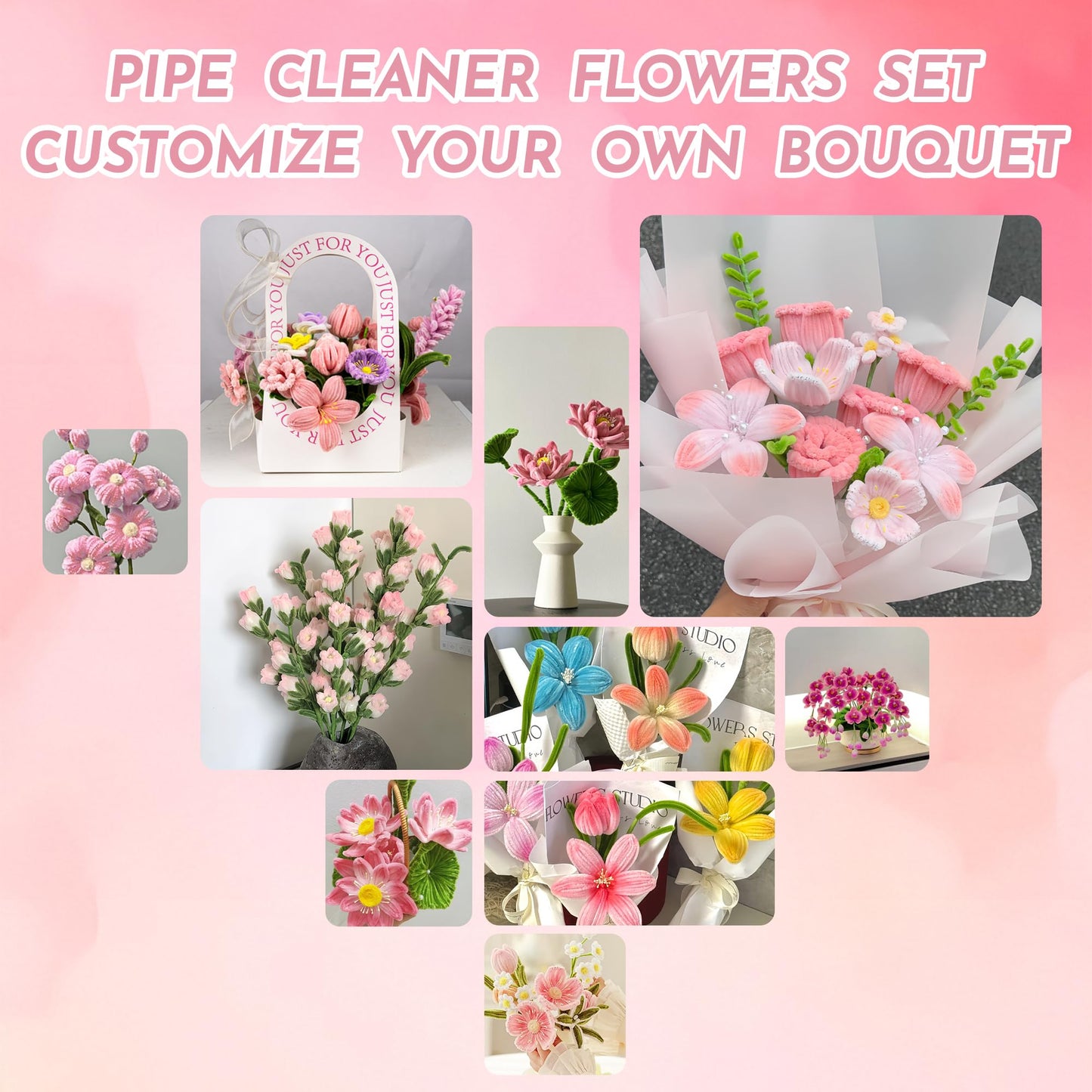 Upgraded 2026 Pipe Cleaners Craft Kit: 400-Piece DIY Flower Making Supplies with Exclusive Color Palette | Includes Chenille Stems, Floral Wire, Gardening Tape, Stamen & Ribbon for Kids Arts & Crafts