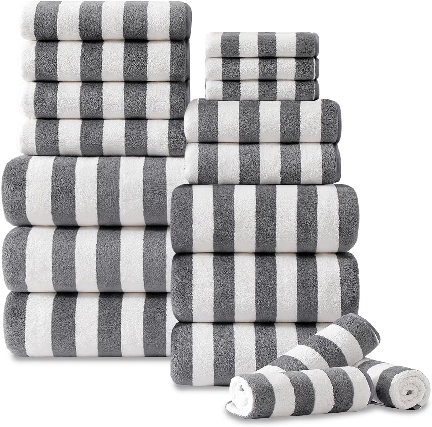 18 Set Loop-6 Towels,6 Towels,6 Set Pcs Gray Stripe Bath Towel with Hanging Bath Hand Washcloths Soft Family Towels