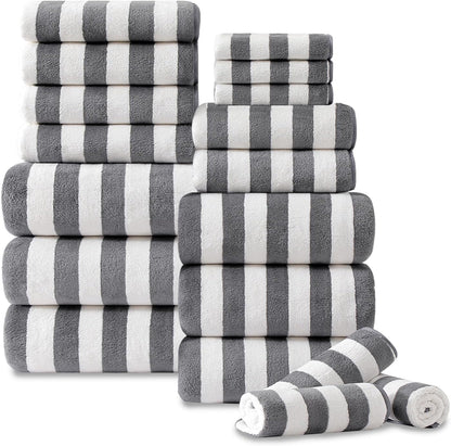 18 Set Loop-6 Towels,6 Towels,6 Set Pcs Gray Stripe Bath Towel with Hanging Bath Hand Washcloths Soft Family Towels