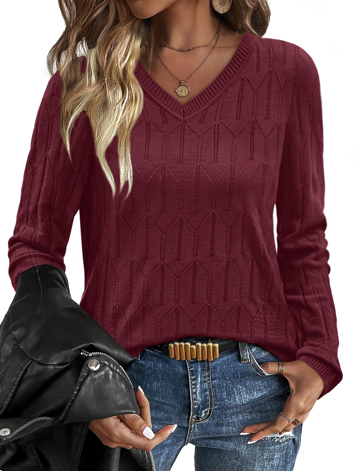 OFEEFAN Womens Sweaters Long Sleeve Shirts Fall Outfits 2025 V Neck Soft Knit Pullover Trendy Tops Dressy Casual Blouses