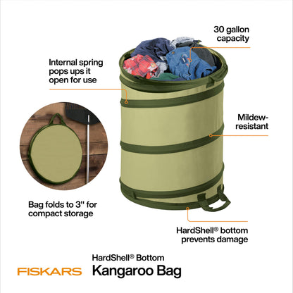 Fiskars Kangaroo Collapsible Garden Bag with Heavy Duty Hardshell Bottom for Yard Waste, 30 Gallon Reusable Container for Lawn Care and Gardening
