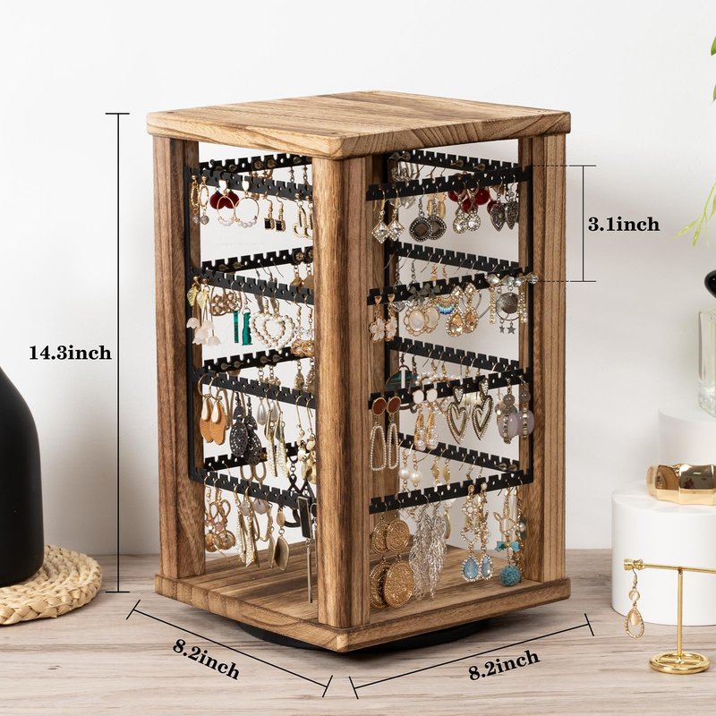 Emfogo 360 Earring Holder Organizer, Rustic Wood Earring Stand, Rotating Wooden Display, 4 Tiers Earring Organizer Stand for Stud Earrings, Hoop Earrings & Necklaces, Women Gifts