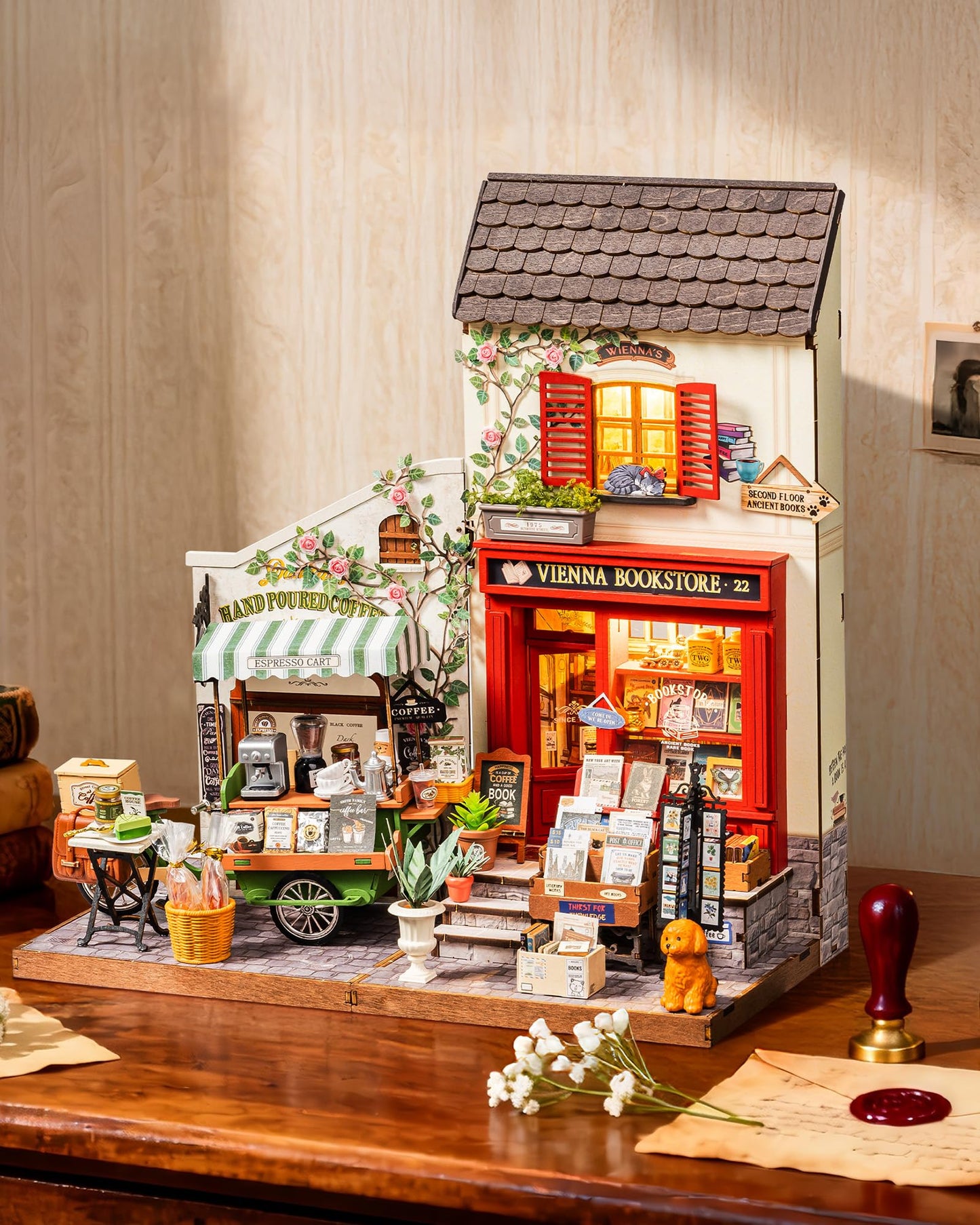 Rolife Book Nook Kit, Vienna Bookstore DIY Miniature Dollhouse Kit with LED Light, 1:18 Scale Miniature Wooden Puzzle for Adults, Mini Building Kit Bookshelf Library Theme Birthday Crafts Gift Decor