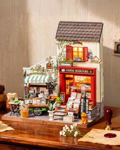 Rolife Book Nook Kit, Vienna Bookstore DIY Miniature Dollhouse Kit with LED Light, 1:18 Scale Miniature Wooden Puzzle for Adults, Mini Building Kit Bookshelf Library Theme Birthday Crafts Gift Decor