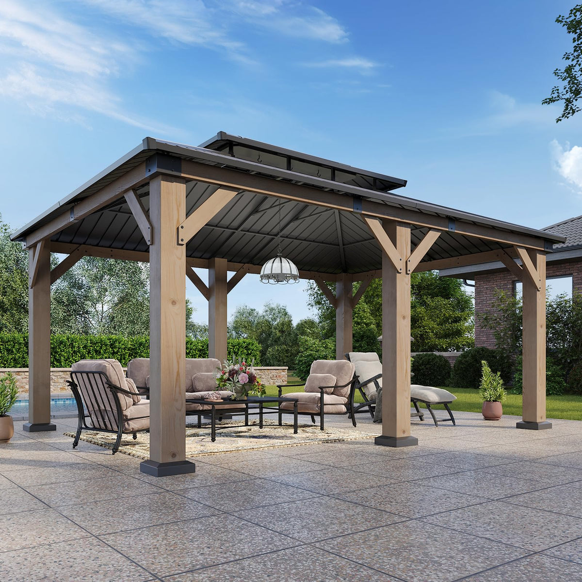 Aoxun 12' x 20' Outdoor Wood Gazebo, Hardtop Gazebo Permanent Wooden Pavilion with Galvanized Steel Double Roof, for Patio, Garden, Yard, Cedar Wood, Grey