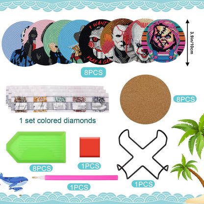 8 PCS Halloween Diamond Art Coasters Kits, Diamond Painting Coasters with Holder Set of 8, DIY Drink Coasters Art Crafts Supplies for Adults Cup Mat for Home Decor House Warming Gifts Non-Slip