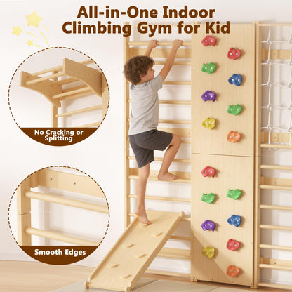Cofiyard 9-in-1 Swedish Ladder Wall Gym & Climber, 94.5'' Wooden Wall-Mounted Climbing Set with Double-Sided Slide, Swing, Rope, Rings, Monkey Bars, Kids Indoor Playset, Wooden Climbing Jungle Gym
