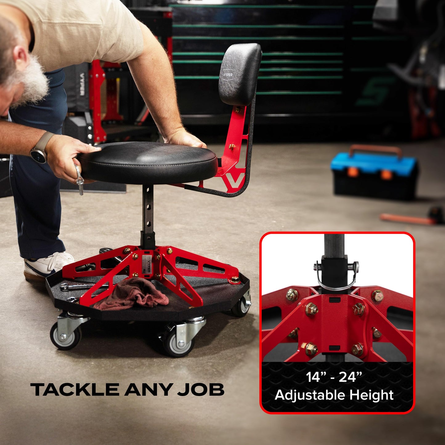 Vyper Robust Steel Sport Shop Chair for Mechanics, Automotive, DIY - Made in USA - 300 lb Capacity Garage Stool with Backrest & Large Wheels (Black Seat, Red Frame)