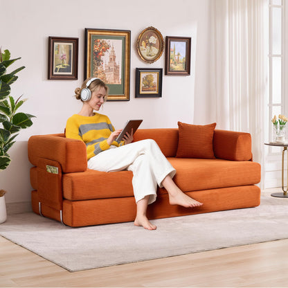IDEALHOUSE Convertible Sofa Bed 5-in-1, 78.8 Inch Folding Futon Couch with Pull Out Bed, Corduroy Upholstered No-Assembly Loveseat Sleeper for Living Room, Bedroom, Lounge, Orange