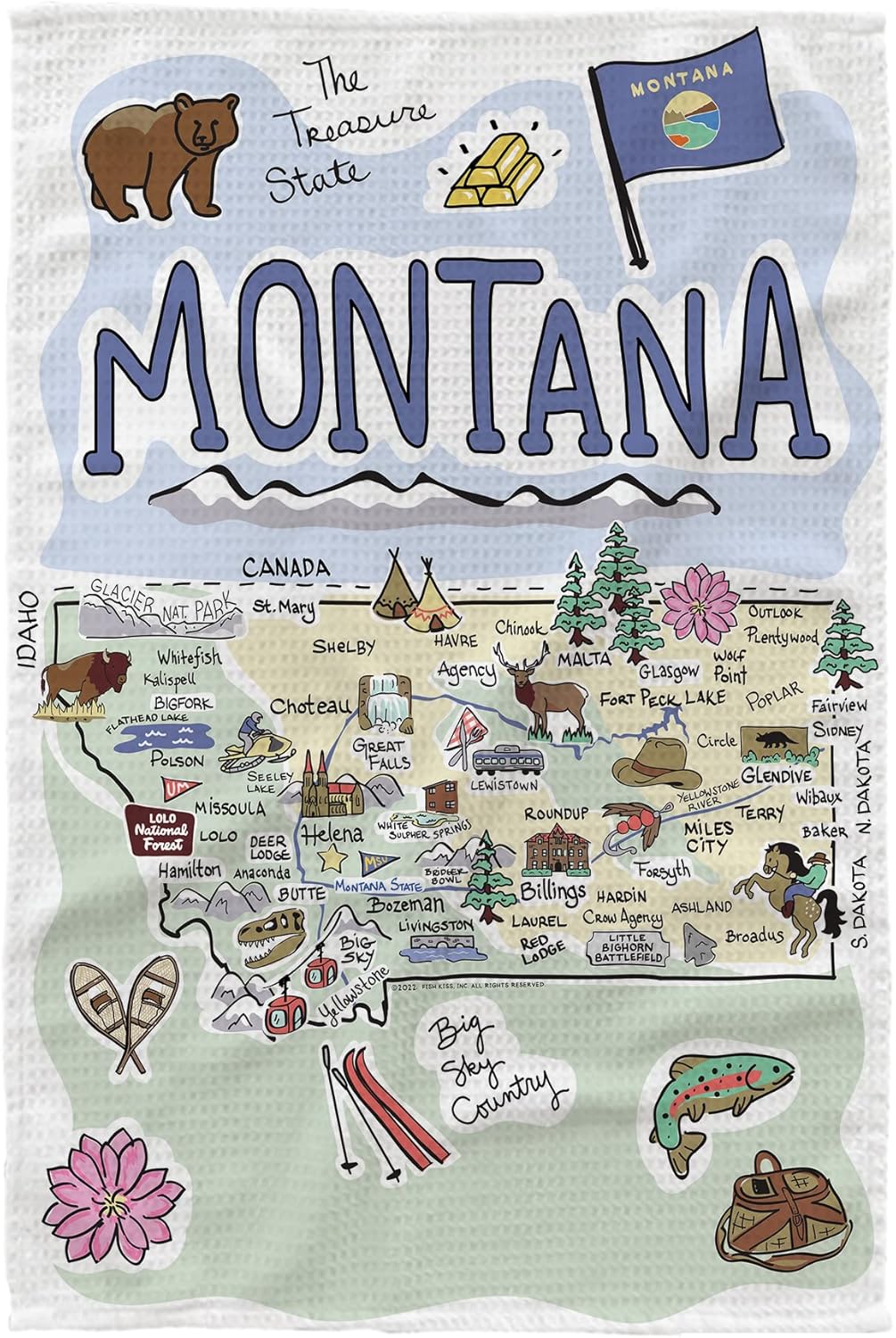 16"x24" 100% Fish Kiss Montana Map Dish Towel is of Microfiber Waffle Weave Making it Super Absorbent, Soft & Machine