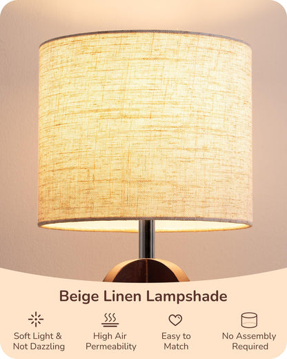 EDISHINE 14.17" Small Table Lamp, Integrated Four-Legged Wooden Bedside Lamp Base, Beige Linen Lampshade, E26, Modern Nightstand Lamp for Nursery, Bedroom, End Table, ON/Off Switch