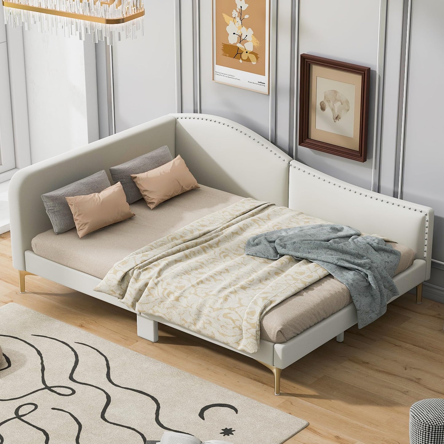 Ball & Cast Full Size Daybed with Golden Metal Legs,Linen Upholstered Daybed Frame with Nailhead Trim and Wood Slat Support,No Box Spring Needed,Beige