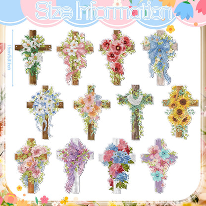 AmazingSpark 12 Pcs Spring Hanging Diamonds Art Kit, 5D DIY Cross Flowers Diamond Painting Pendant Ornament, Religious Diamond Art Kits for Adults Spring Summer Christian Gifts Home Office Wall Decor