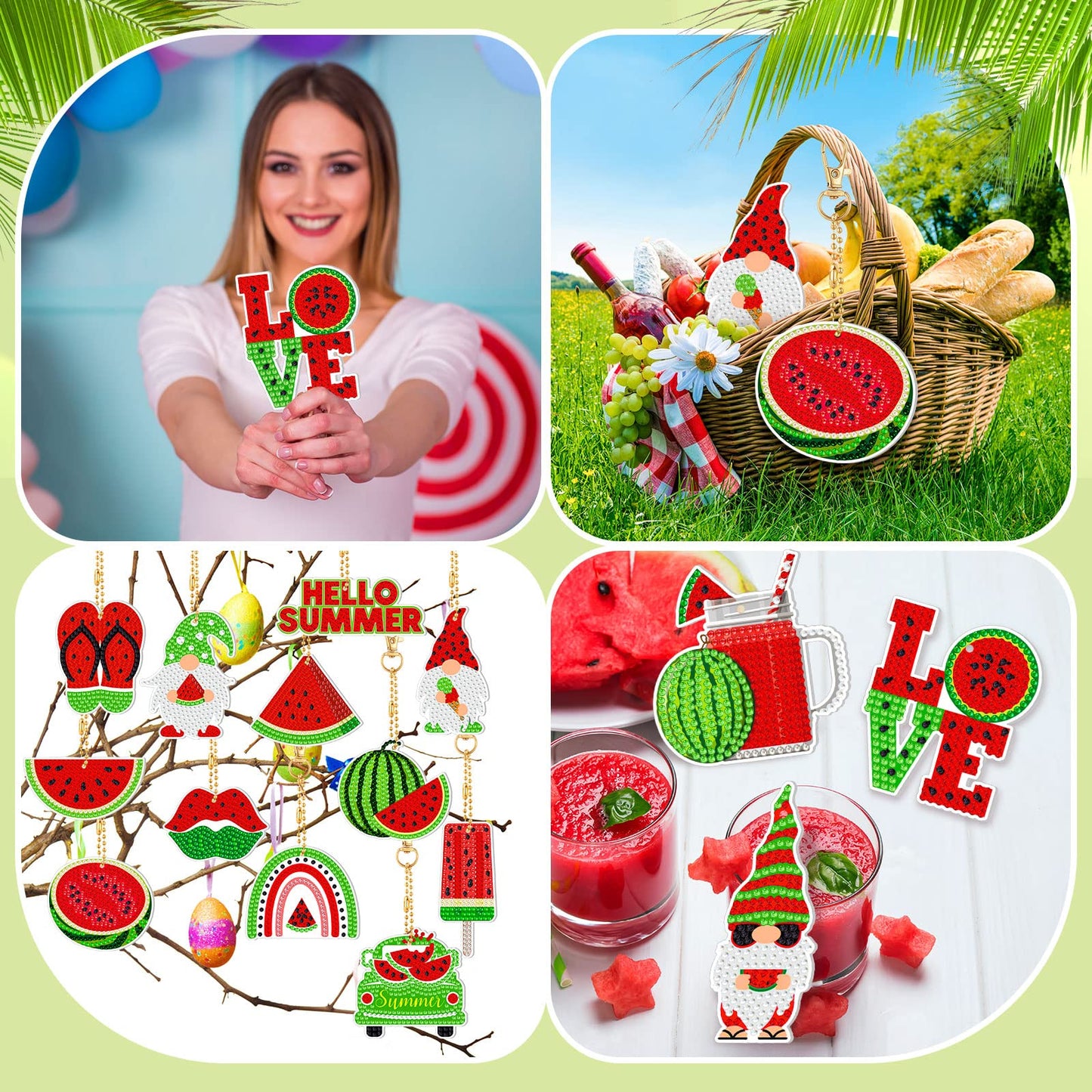 Karenhi 15 Pcs Diamond Art Keychains Summer Watermelon Painting Keychain Kit DIY Single Sided Fruit Gnome Key Ring Spring Diamond Hanging Ornament Gift Accessories for Adult Craft Bag Party Decoration