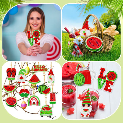 Karenhi 15 Pcs Diamond Art Keychains Summer Watermelon Painting Keychain Kit DIY Single Sided Fruit Gnome Key Ring Spring Diamond Hanging Ornament Gift Accessories for Adult Craft Bag Party Decoration