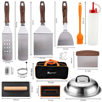 ROMANTICIST 29PCS Griddle Accessories Set - Flat Top Teppanyaki Spatula Set with Scraper, Basting Cover for Camp Chef- Home Cooking Griddle and Outdoor BBQ Gifts for Christmas