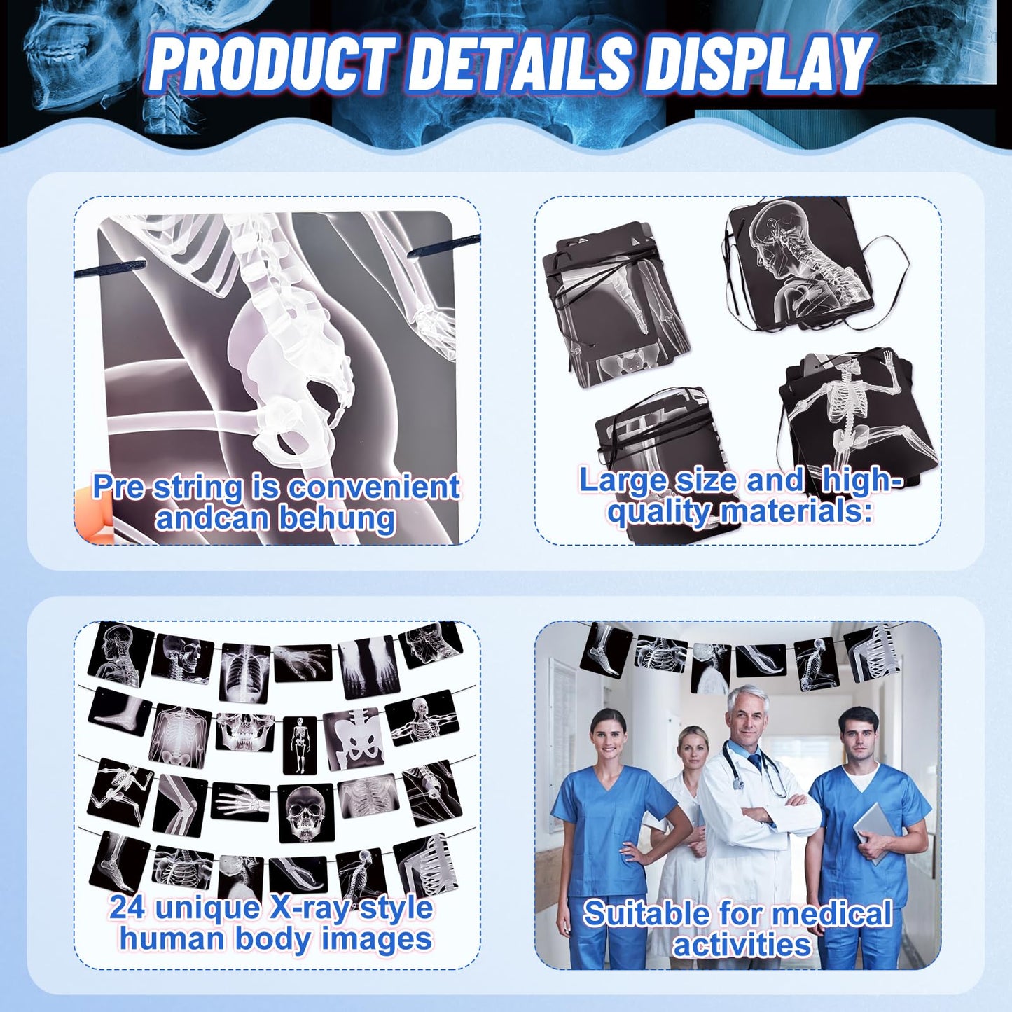 4 Strings X-Ray Skeleton Banner Decorations, Pre-Strung Medical Radiology Anatomy Garland with 24 X-Ray Body Part Images for Doctor Nurse Graduation, Halloween Party, Clinic Classroom Science Décor
