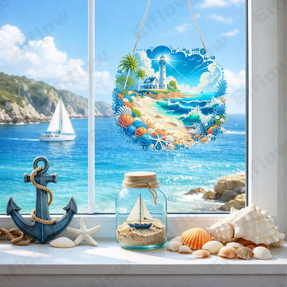 Eiflow Acrylic Diamond Art Hanging Kit for Adults, DIY Diamonds Painting Door Hanger Board Kit, Special Crystal Diamond Art Painting Pendant Ornament (Beach)