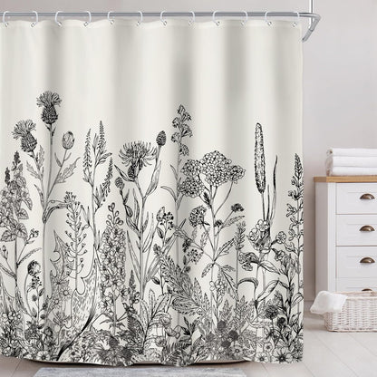 Riyidecor Wild Floral Shower Curtain 72Wx78H, Botanical Flower Plant Art Printed Fabric with Hooks