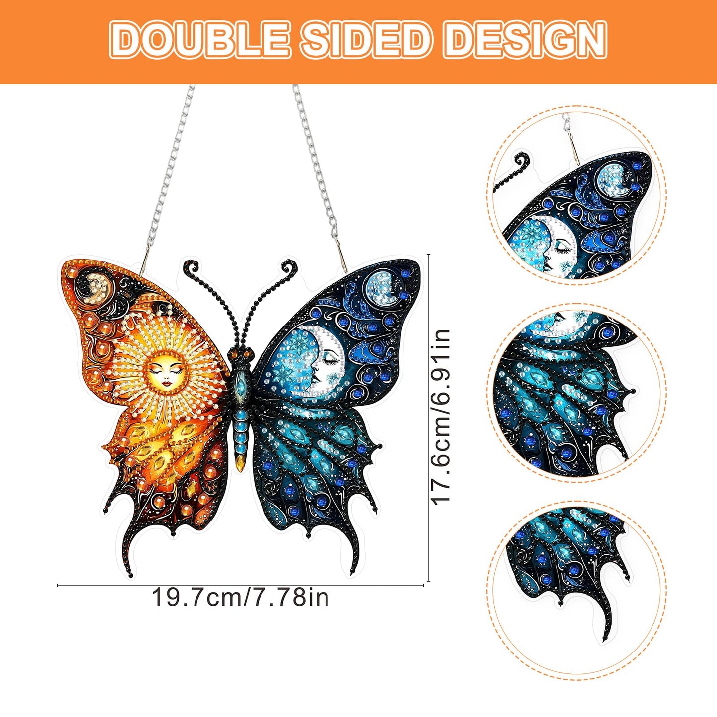 Lxmsja DIY Sun Moon Diamond Painting Hanging Ornament, Double-Sided Acrylic Butterfly Diamond Art Kit, Special Shaped Drill Pendant Window Art Kit, Suncatcher Hanging Craft Decoration 7x8 inch