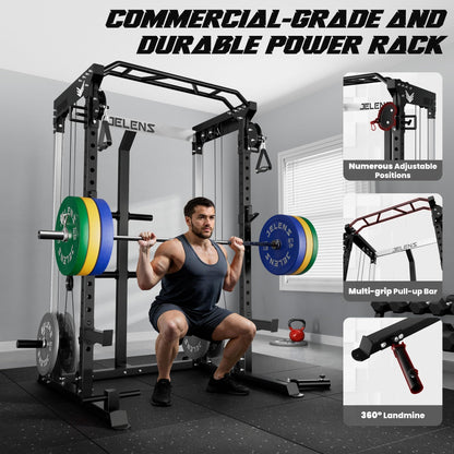 JELENS C21 Power Cage, 2000LBS Multi-Function Power Rack with Independent Dual Pulley System, All-in-One Squat Rack for Cable Crossover, Home Gym Workout Machine (Black, C21 Power Cage)