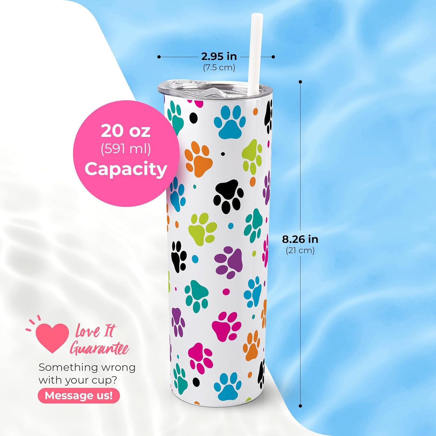 SassyCups 20 oz Vacuum Insulated Stainless Steel Tumbler with Dog Paw Print, Includes Straw and Lid
