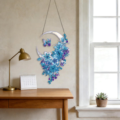 STGLCR Hanging Diamond Art Kits for Adults Pendant Moon, Special Shaped Crystal DIY Flower Diamond Painting Kit for Begginer, Acrylic Board Foral Moon Pendants for Home Decor 11.92 Inch Butterfly Blue