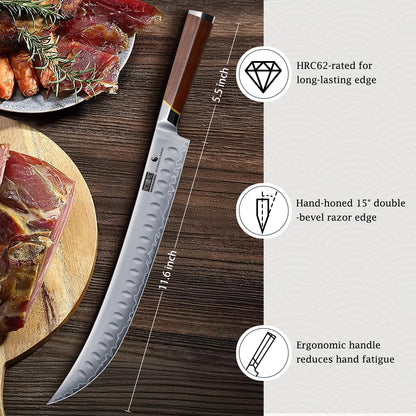 HOSHANHO Brisket Slicing Knife 12 Inch, Japanese High Carbon Steel Butcher Breaking Knife with Ergonomic Handle, Razor Sharp Curved Carving Knives for Meat, BBQ