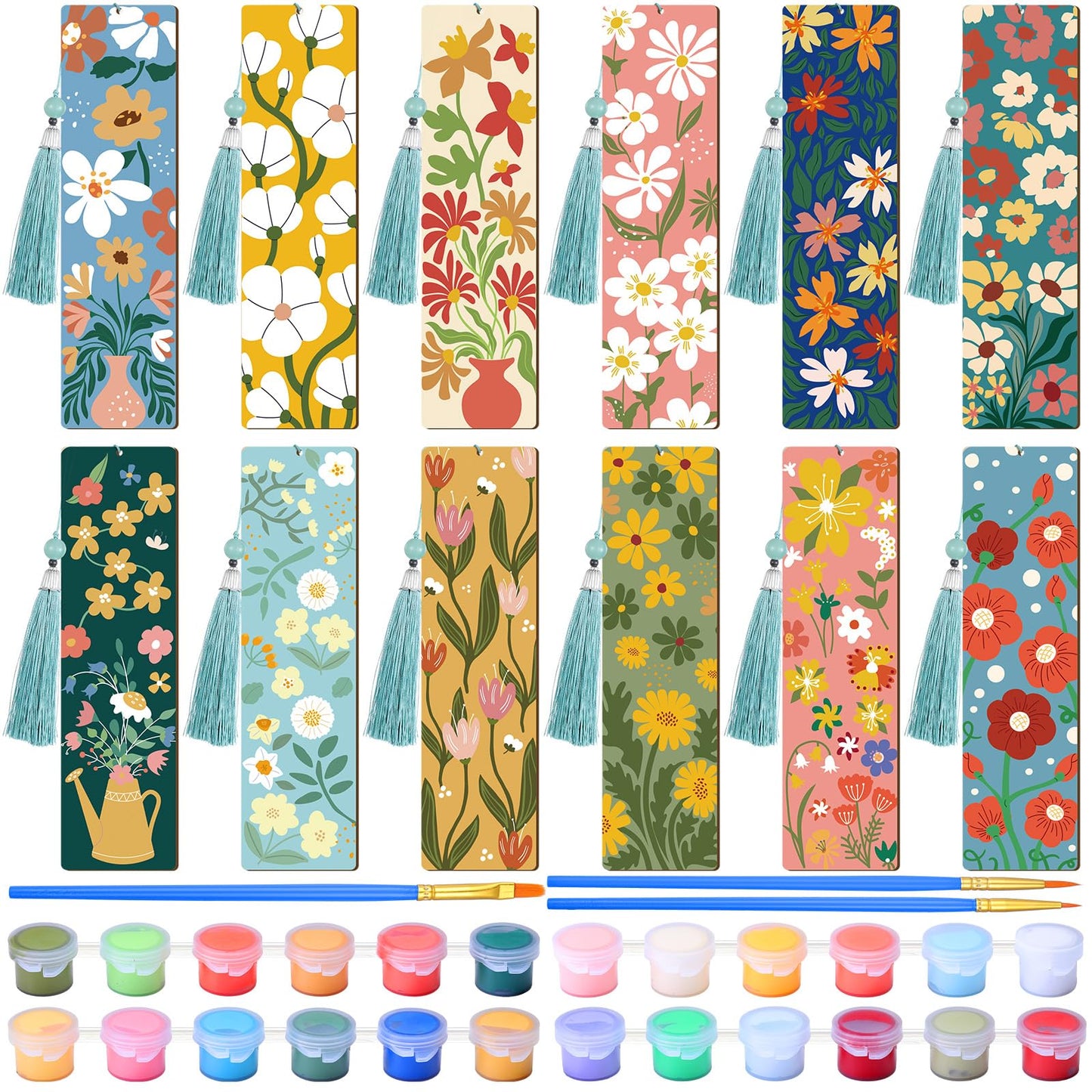 Kosiz 12 Pcs Paint by Numbers Kit for Adults Wood Bookmark Painting Decor Mini Paint by Numbers Kit Tassels Blank Bookmarks Craft for Small DIY Book Lovers Gift 7x2 ''(Butterfly Flowers Theme)