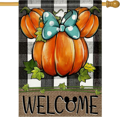 Welcome Fall Pumpkin Decorative House Flag, Autumn Thanksgiving Buffalo Plaid Check Garden Yard Decor