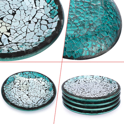 OwnMy 4PCS Mosaic Glass Candle Plates and Trays 4 Inch Pillar Candle Stands, Glass Mosaic Coasters Decorative Candle Holder Bases for Wedding Table Centerpiececs, Blue