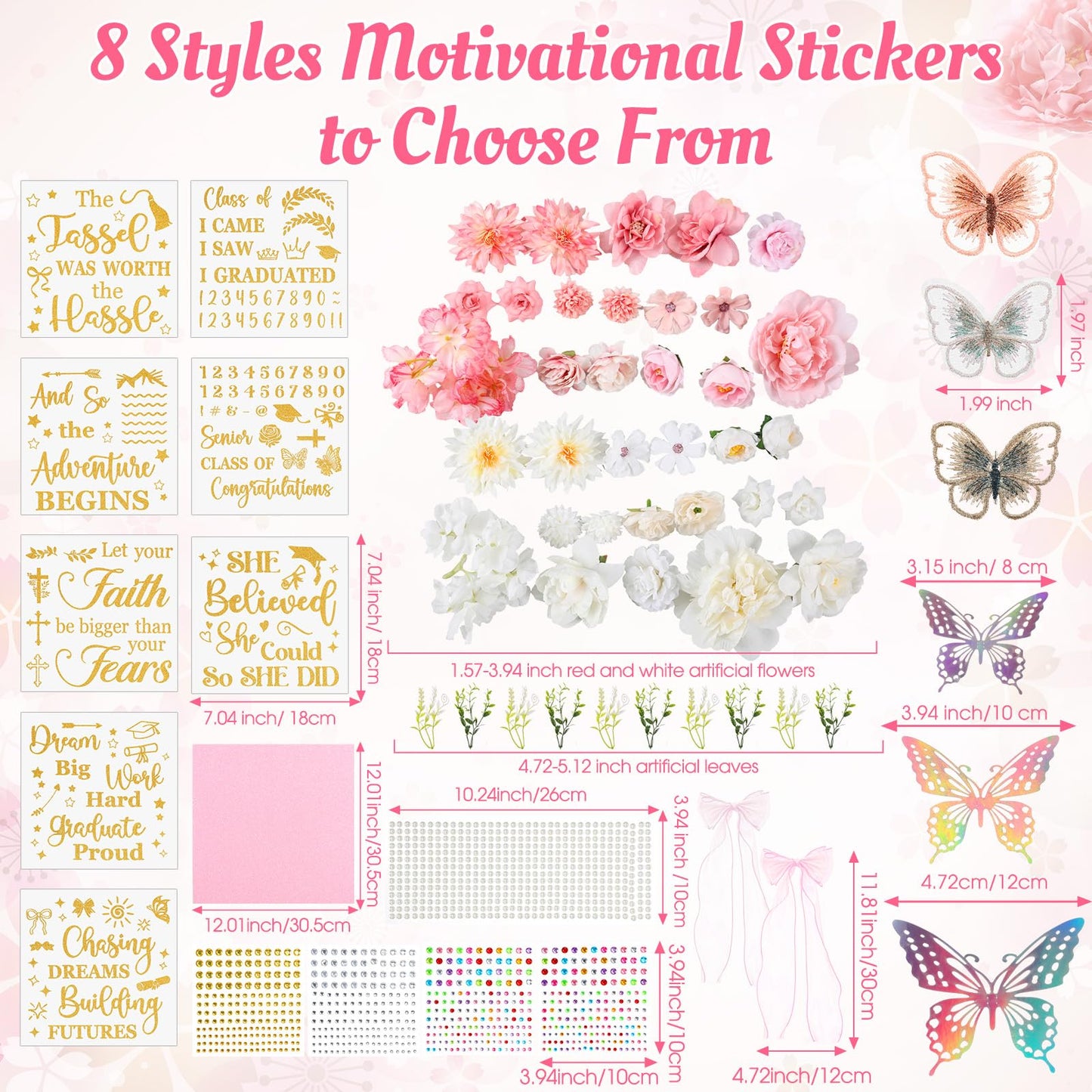 Dunzoom Pink 80 Pcs DIY Graduation Cap Decorations Kit Faux Flower Heads 3D Butterfly Stickers Bow Pearl Rhinestone Stickers Glitter Paper and Ribbon Bows for 2026 Grad Cap Topper Graduation Party
